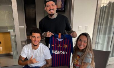 Tatuador Viana com o craque Philippe Coutinho e a esposa Ainê - Foto: Acervo Pessoal